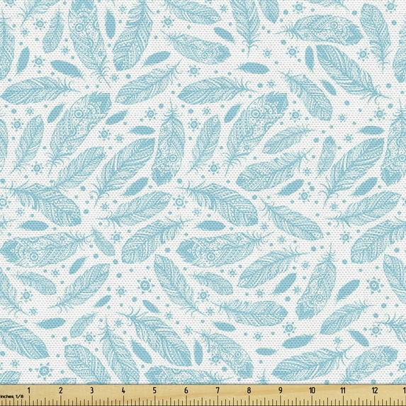 Ambesonne Feather Fabric by the Yard Upholstery, Pattern of Quills and Sun, 10 Yards, Pale Blue and White
