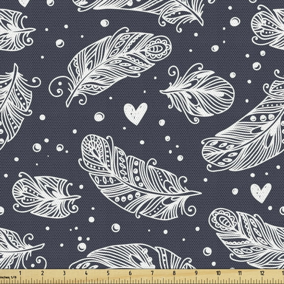 Feather Fabric by the Yard, Vintage Plumage Pattern with Little Doodle Hearts Love Folk, Decorative Upholstery Fabric for Chairs & Home Accents, 1 Yard, Dark Blue Grey White by Ambesonne