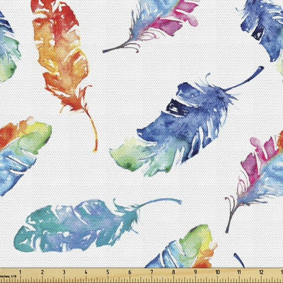Ambesonne Feather Fabric by the Yard Upholstery, Watercolor Bird Feather, 1 Yard, Multicolor