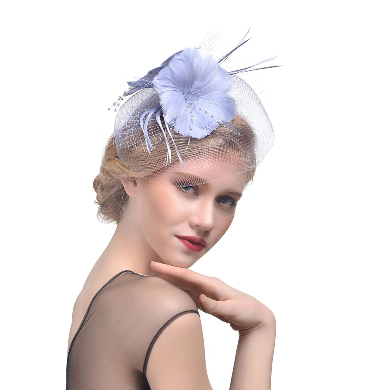 Fascinator Hat with Feathers and Veil Tea Party Wedding Church Headpiece Clip Royal Blue Feather Fascinator Hat With Dotted Veil, Kentucky  main image 2