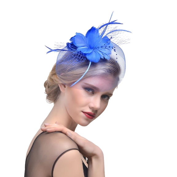 Hontri Feather Fascinator Hat Women's Tea Party Headpiece Church Wedding Cocktail Net Veil Hair Clip Accessory ( X03-Royal Blue), Hats for Women Fascinators Womens Flower Feather