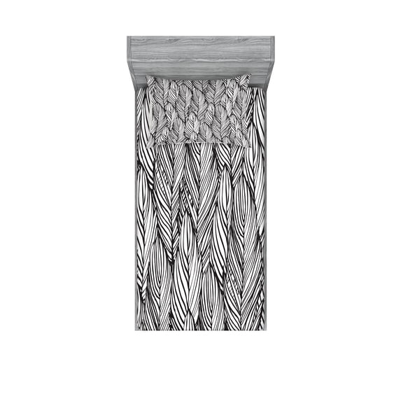 Feather Fitted Sheet & Pillow Sham Set, Hand Drawn Outline Style Quills Monochrome Bird Feathers Abstract Pattern, Decorative Printed 4 Piece Bedding Decor Set, Twin, Charcoal Grey White, by Ambesonne