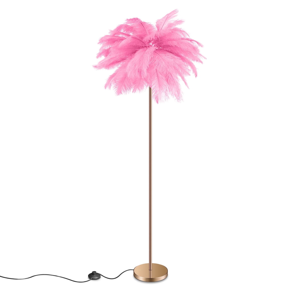 Feather Floor Lamp for Living Room, Fluffy Ostrich Feathers Lamp, Rose Gold Color Body with 5 standard G4 Bulbs - Pink