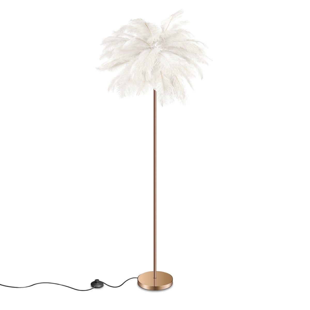 Feather Floor Lamp for Living Room, Fluffy Ostrich Feathers Lamp, Rose Gold Color Body with 5 standard G4 Bulbs - White