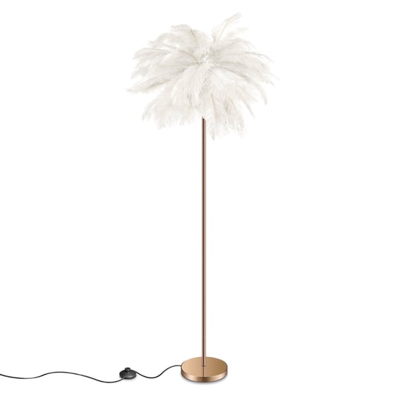 Feather Floor Lamp for Living Room, Fluffy Ostrich Feathers Lamp, Rose Gold Color Body with 5 standard G4 Bulbs - White