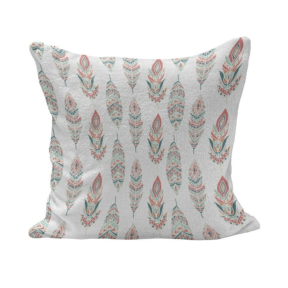 Feather Fluffy Throw Pillow Cushion Cover, Hand Drawn Motifs Culture Pastel Color Hippie Plumage Bohemian Effect, Decorative Square Accent Pillow Case, 18" x 18", Dark Coral and Seafoam, by Ambesonne