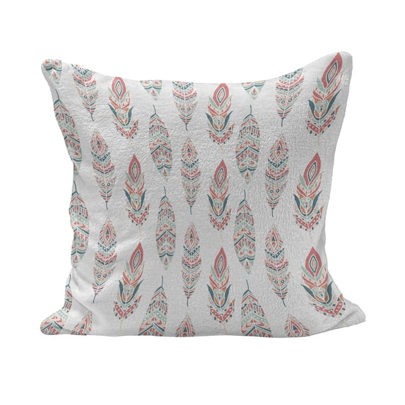 Feather Fluffy Throw Pillow Cushion Cover, Hand Drawn Motifs Culture Pastel Color Hippie Plumage Bohemian Effect, Decorative Square Accent Pillow Case, 36" x 36", Dark Coral and Seafoam, by Ambesonne