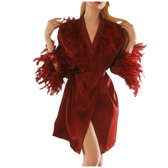 Feather Fur Robe Silk Satin Wedding Party Dressing Gown Sexy Lingerie Nightgown Soft Kimono Bathrobe Sleepwear M-2XL