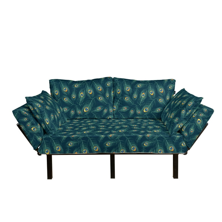 Feather Futon Couch Colorful Middle Eastern Exotic Peacock Feather Motifs on a Dark Toned Background Daybed with Metal Frame Upholstered Sofa for