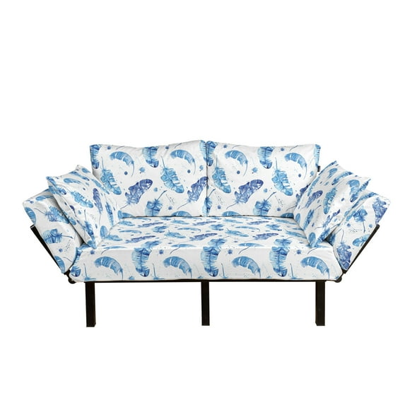 Feather Futon Couch, Watercolor Quill Design with Splashes and Stains Brush Strokes Effect, Daybed with Metal Frame Upholstered Sofa for Living Dorm, Loveseat, Pale Blue and White, by Ambesonne