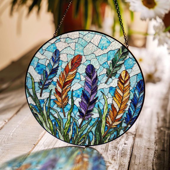 Feather Glass Suncatcher, Vibrant Colorful Feathers Boho Decor, 7.9 in