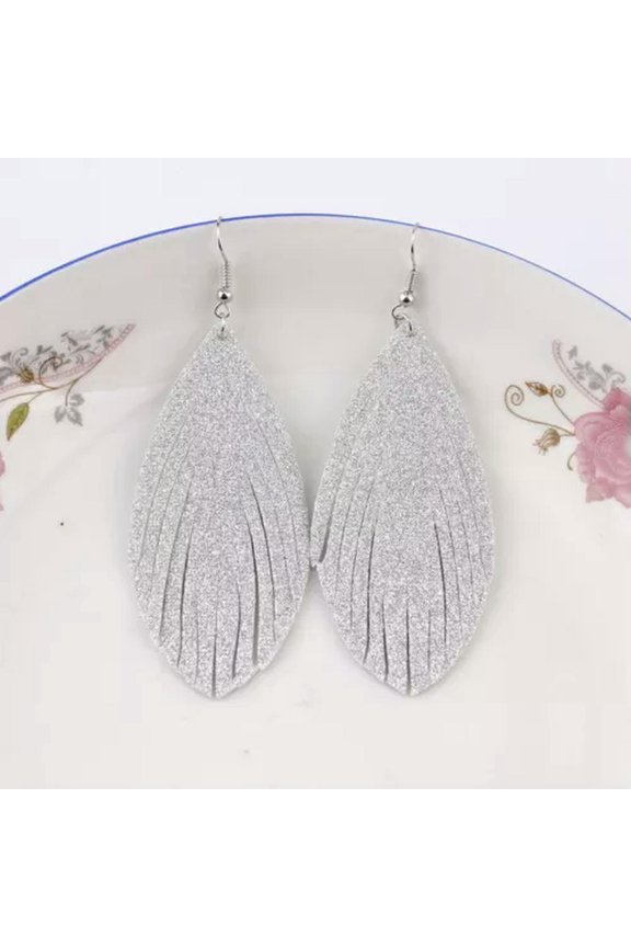 Feather Glitter Faux Leather Leaf Drop Earrings Boutique Fashion Women Jewelry
