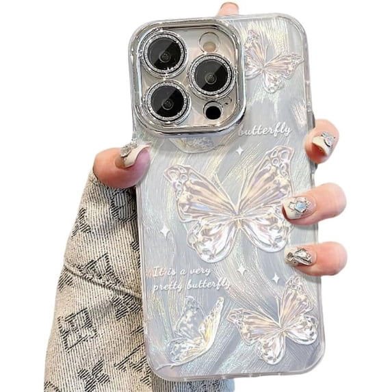 Feather Gradient Butterfly Glitter Fine Hole Phone Case, Lens Fully Covered, Plated Bezel, Small Fresh Girl, for iPhone 15 14 13 12 11 Pro Max Plus Phone Case (Silver,iPhone 11)