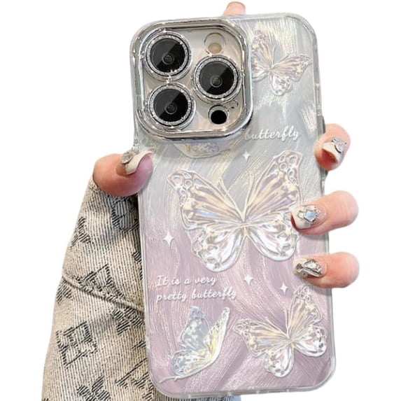 Feather Gradient Butterfly Glitter Fine Hole Phone Case, Lens Fully Covered, Plated Bezel, Small Fresh Girl, for iPhone 15 14 13 12 11 Pro Max Plus Phone Case (Pink,iPhone 14 Plus)