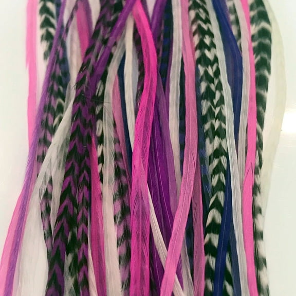 Feather Hair Extensions, Real Rooster Feathers, Long Pink, Purple, Grizzly Colors, 20 Feathers with 20 Silicone Microlinks and loop tool