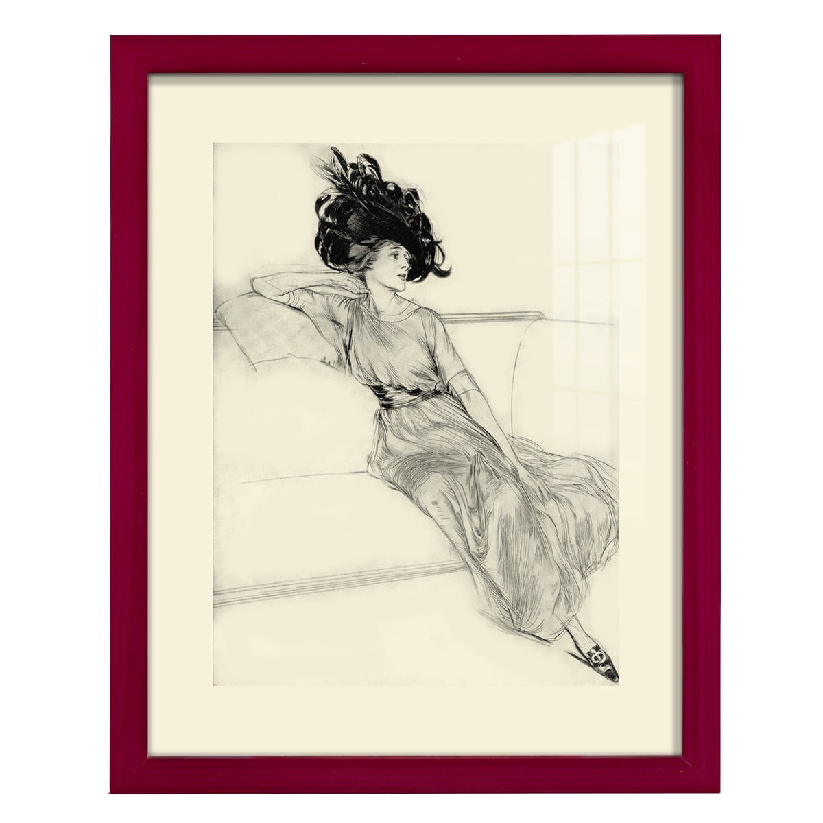 Feather Hat I -Framed Print w/glass-Cherry Red