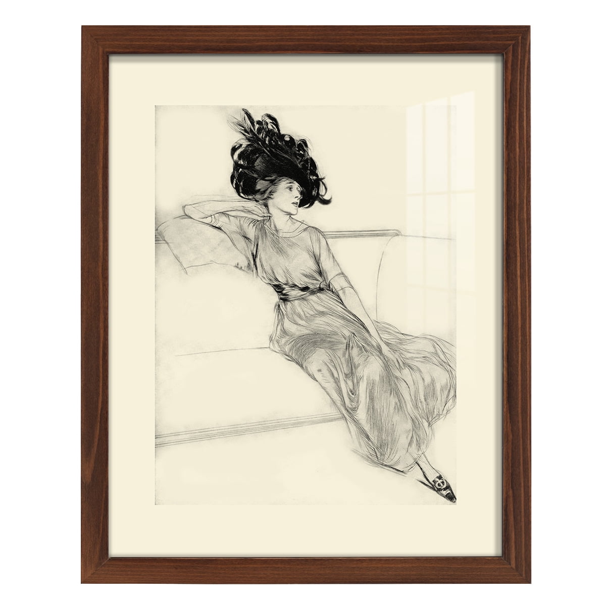 Feather Hat I -Framed Print w/glass-Chestnut
