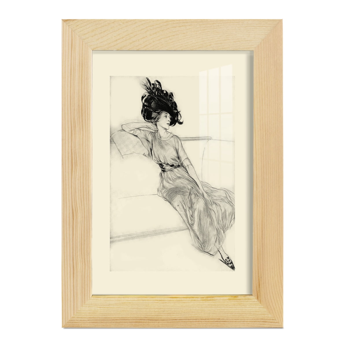 Feather Hat I -Framed Print w/glass-Natural Wood