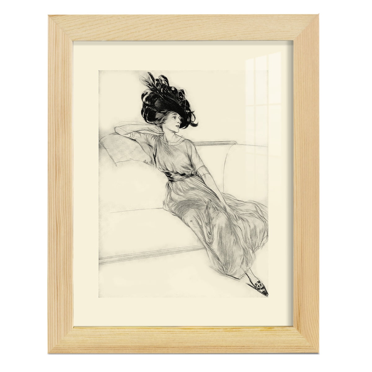 Feather Hat I -Framed Print w/glass-Natural Wood