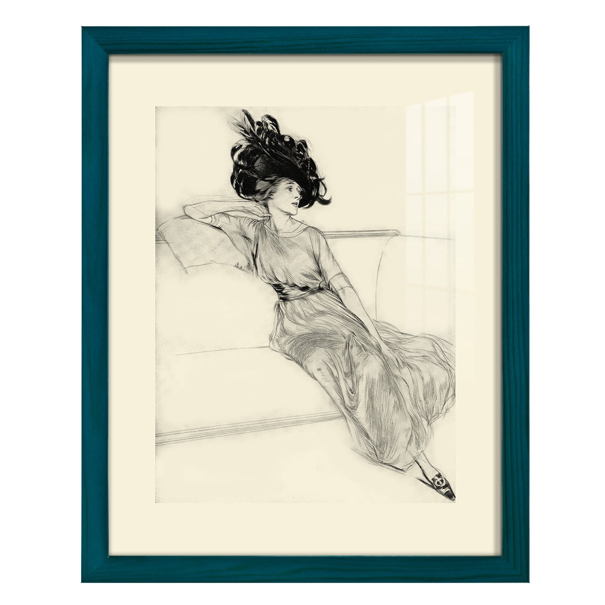 Feather Hat I -Framed Print w/glass-Ocean Blue