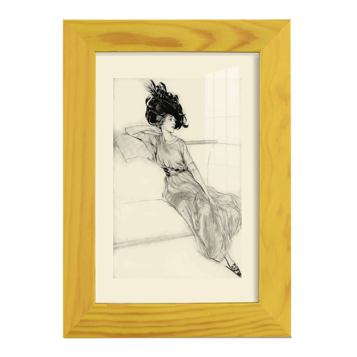 Feather Hat I -Framed Print w/glass-Sunflower Yellow