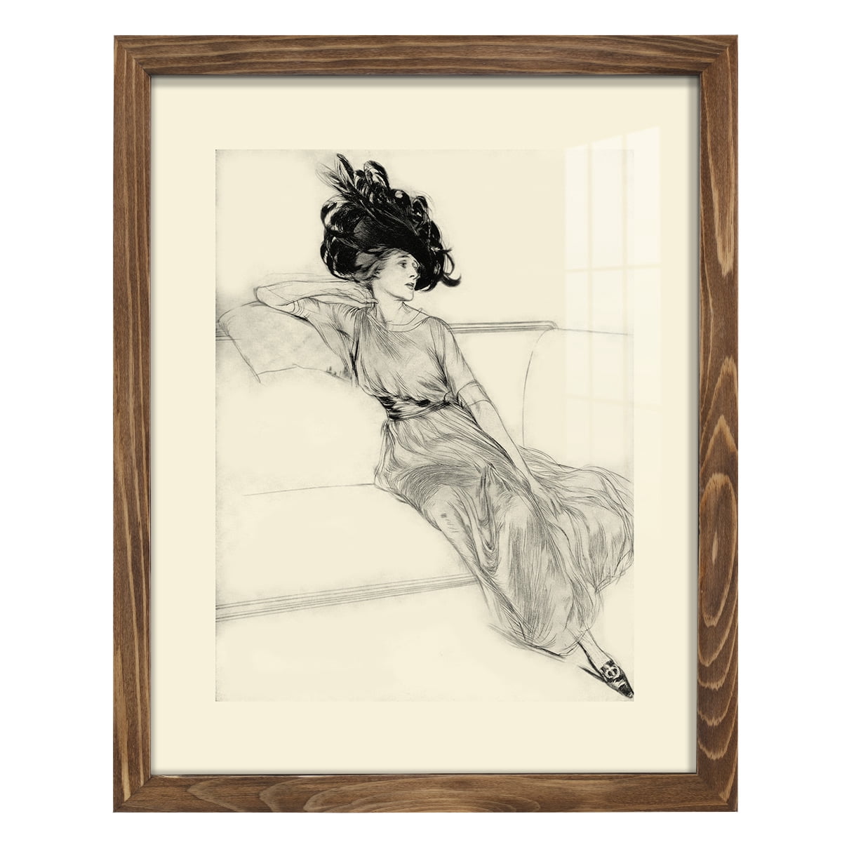 Feather Hat I -Framed Print w/glass-Walnut