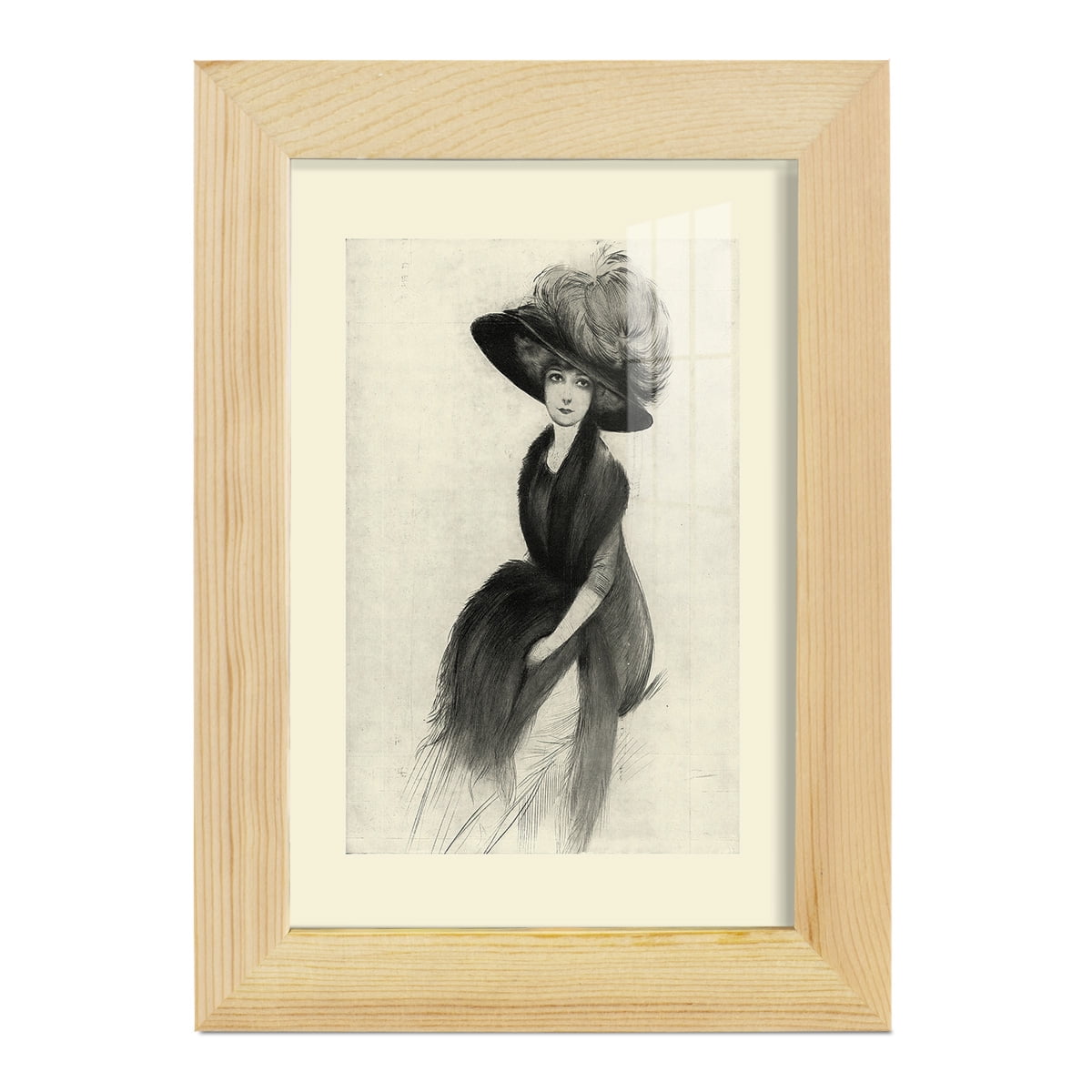 Feather Hat II -Framed Print w/glass-Natural Wood