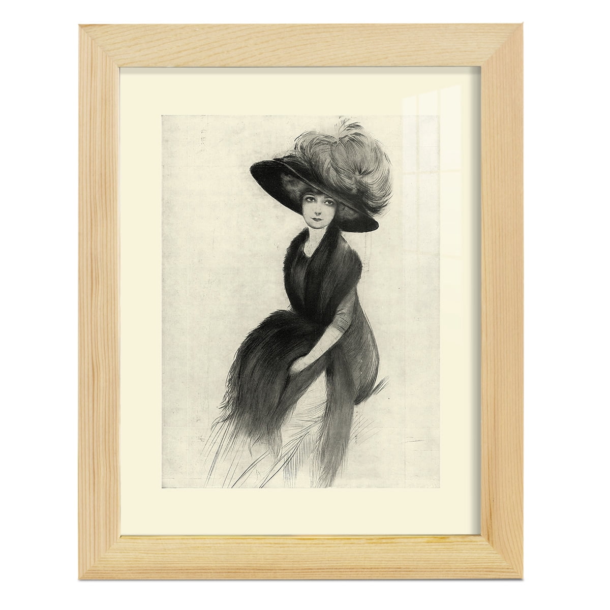 Feather Hat II -Framed Print w/glass-Natural Wood
