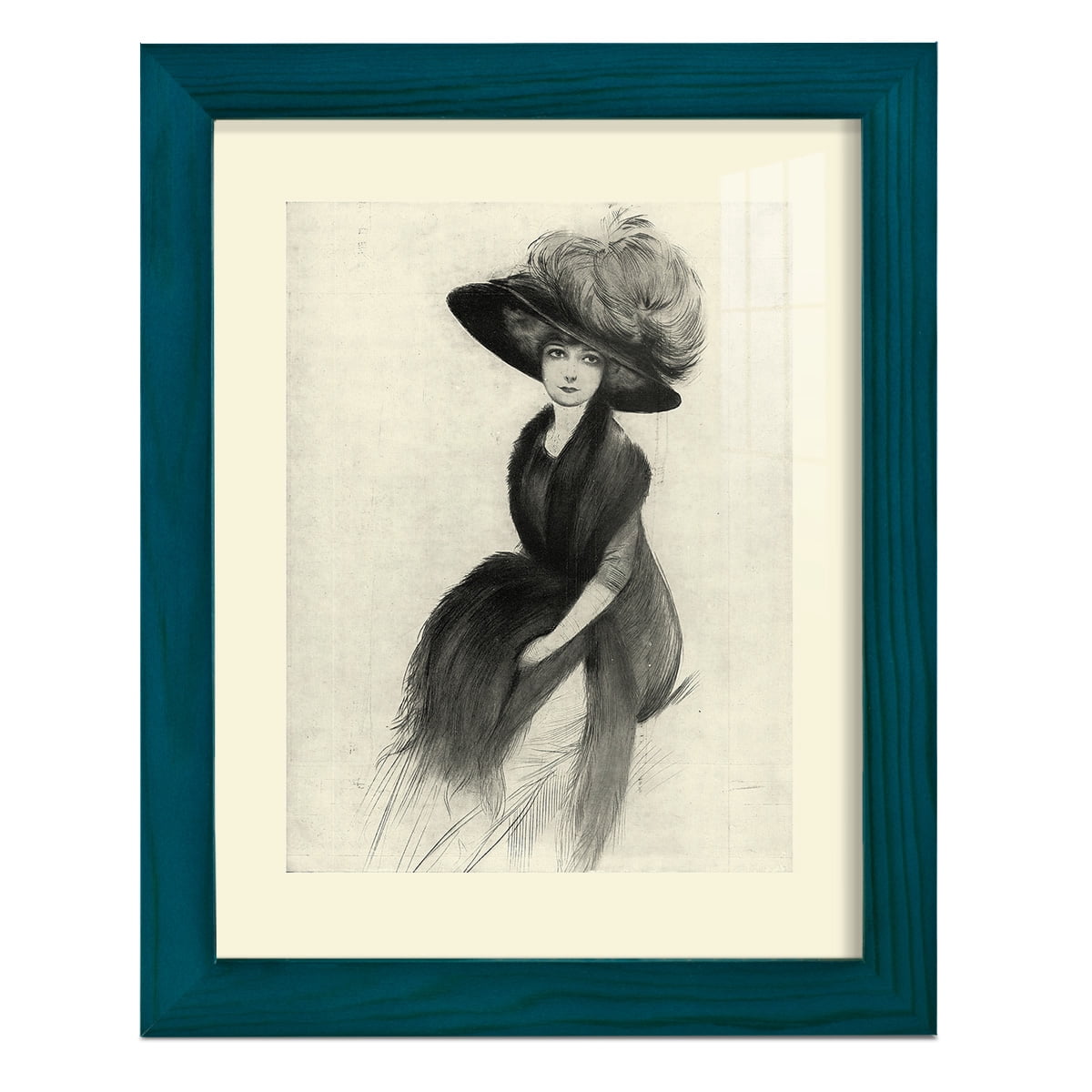 Feather Hat II -Framed Print w/glass-Ocean Blue