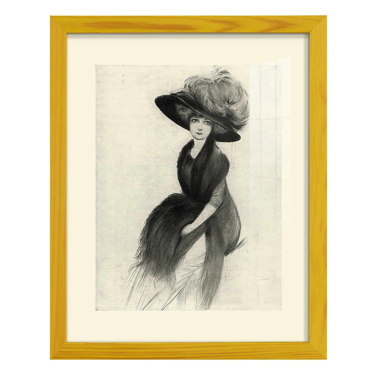 Feather Hat II -Framed Print w/glass-Sunflower Yellow