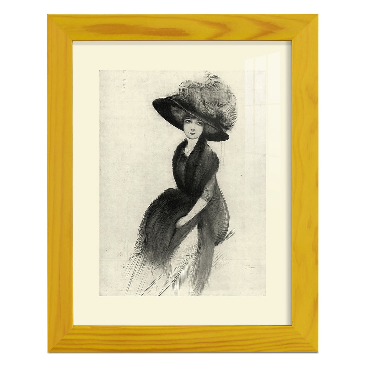 Feather Hat II -Framed Print w/glass-Sunflower Yellow
