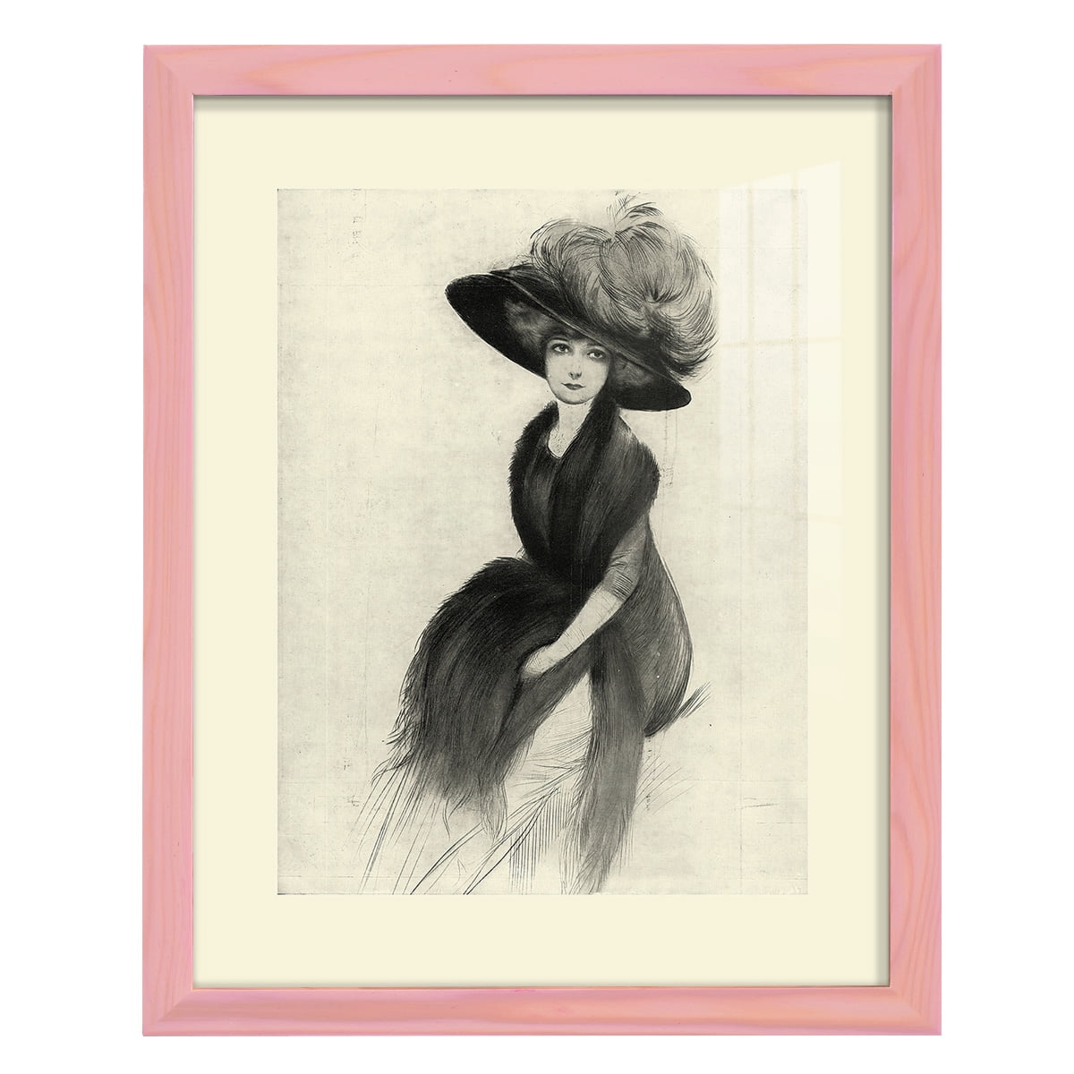 Feather Hat II -Framed Print w/glass-Sunset Pink