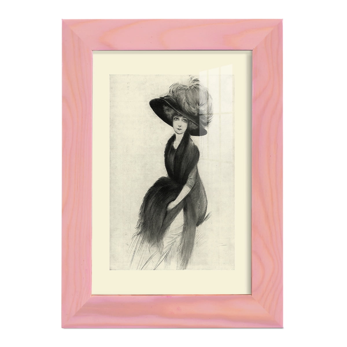 Feather Hat II -Framed Print w/glass-Sunset Pink
