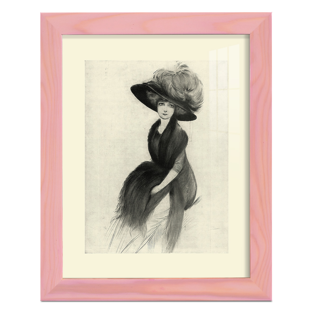 Feather Hat II -Framed Print w/glass-Sunset Pink