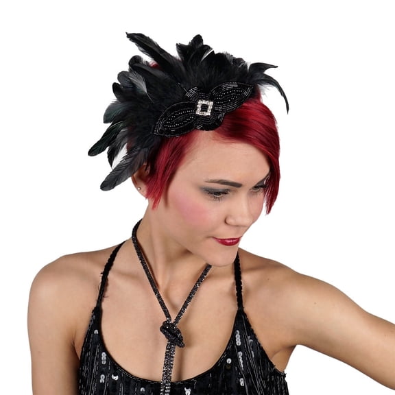 1920s Feather Headpiece Hair Accessory - Black Flapper Headband Gatsby Costumes