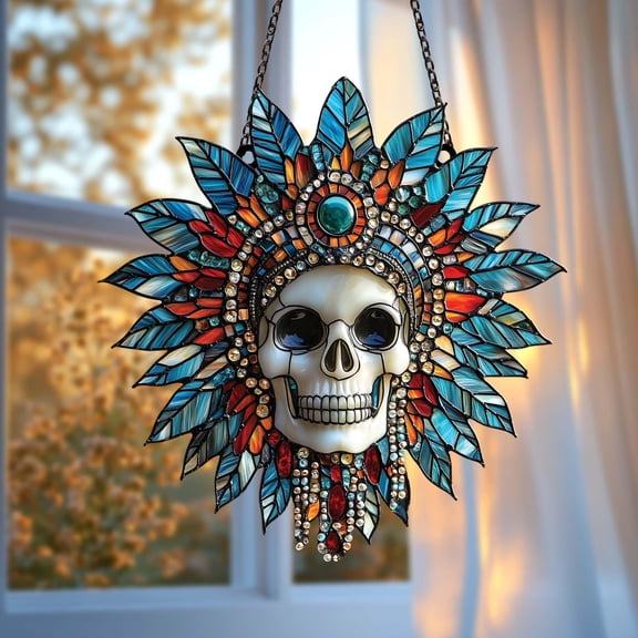 Feather Headdress Skull Acrylic Suncatcher Gemstone Sunburst Faux Stained Glass Window Hanging, Witchy Gothic Home Gift