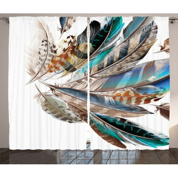 Ambesonne Animal Curtains 2 Panel Set, Contour Feather Fashion, 108" x 90", Teal Brown