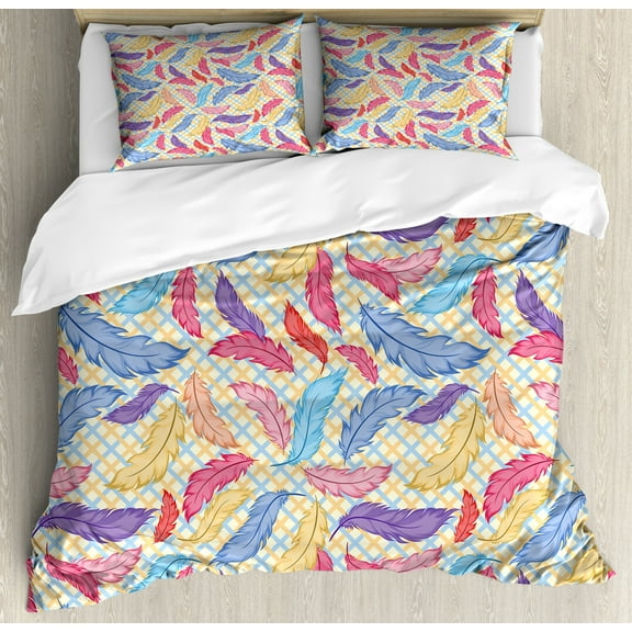 Feather House Decor King Size Duvet Cover Set, Different Vane Feather Figures Types on Square Shape Striped Backdrop Print, Decorative 3 Piece Bedding Set with 2 Pillow Shams, Multi, by Ambesonne