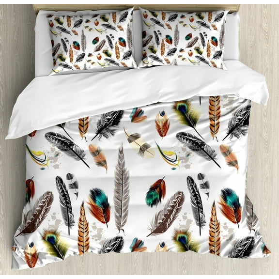 Feather House Decor Queen Size Duvet Cover Set, Collection of Types of Feathers in Vivid Tones with Grey Splashes Image, Decorative 3 Piece Bedding Set with 2 Pillow Shams, Multi, by Ambesonne