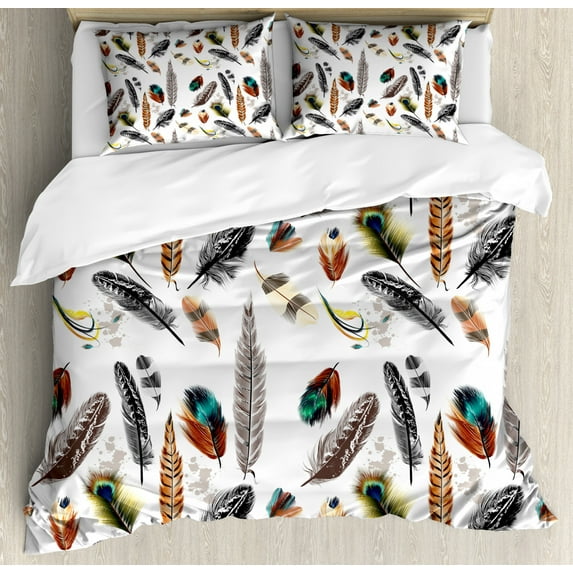 Feather House Decor Queen Size Duvet Cover Set, Collection of Types of Feathers in Vivid Tones with Grey Splashes Image, Decorative 3 Piece Bedding Set with 2 Pillow Shams, Multi, by Ambesonne