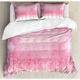 thumbnail image 1 of Feather House Decor Queen Size Duvet Cover Set, Hazy Japanese Cherry Blossom Trees with Feather Effects on Top Romantic Decor, Decorative 3 Piece Bedding Set with 2 Pillow Shams, Pink, by Ambesonne, 1 of 3