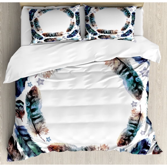 Feather House Decor Queen Size Duvet Cover Set, Spiral Vortex Concentric Ethnic Feather with Curved Little Stars Image, Decorative 3 Piece Bedding Set with 2 Pillow Shams, Purple Teal, by Ambesonne