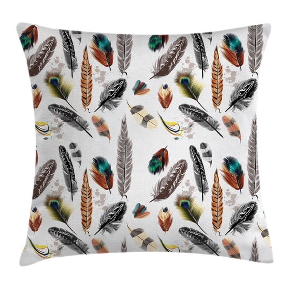 Feather House Decor Throw Pillow Cushion Cover, Collection of Types of Feathers in Vivid Tones with Grey Splashes Image, Decorative Square Accent Pillow Case, 16 X 16 Inches, Multi, by Ambesonne
