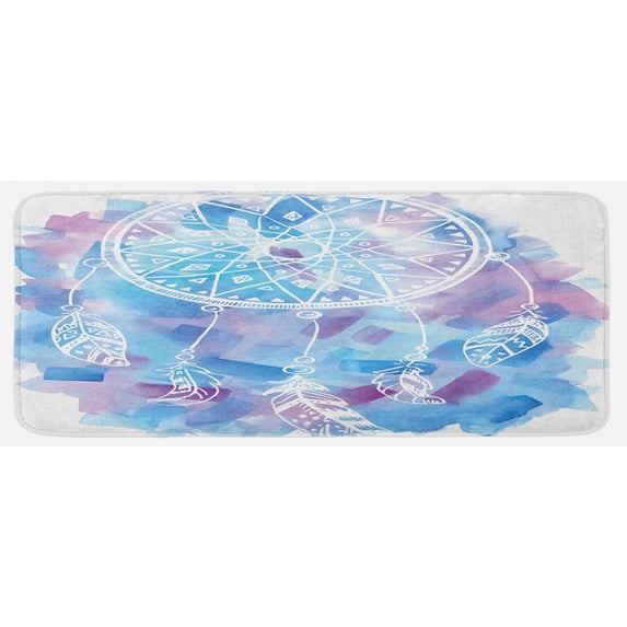 Feather Kitchen Mat, Abstract Dream Catcher Watercolor Background Brushstrokes, Plush Decorative Kitchen Mat with Non Slip Backing, 47" X 19", Pale Blue Lilac White, by Ambesonne