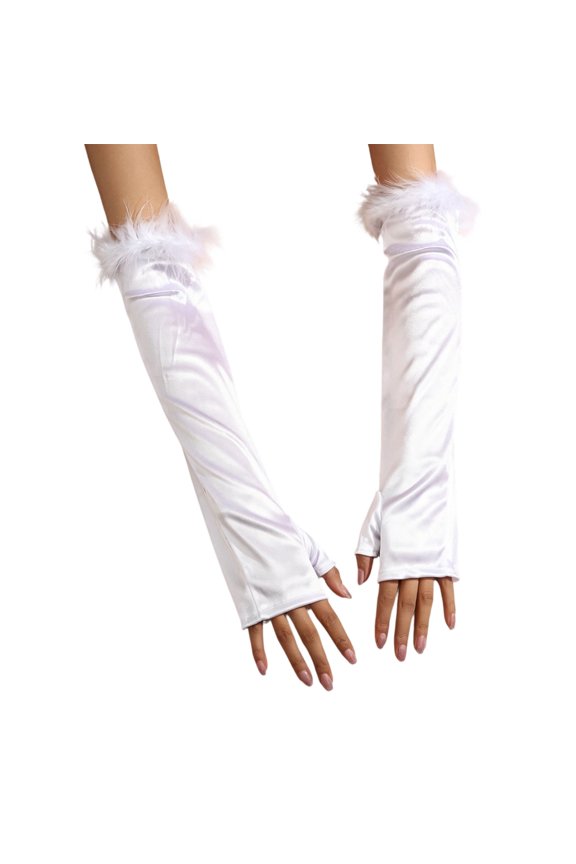 Feather Long Gloves for Women Wedding Dancing Elastic Half Finger Gloves