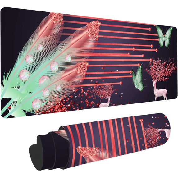 Feather Mouse Pad for Desk, 31.5 x 11.8 Large Mouse Mat Gaming for Computer Laptop, Cute Elk Butterfly Mice Pad Nature Rubber Base Non Slip Mousepad Waterproof for Home Table, Grey Red BDZXSE019