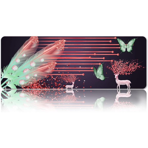 Feather Mouse Pad for Desk, 31.5 x 11.8 Large Mouse Mat Gaming for Computer Laptop, Cute Elk Butterfly Mice Pad Nature Rubber Base Non Slip Mousepad Waterproof for Home Table, Grey Red