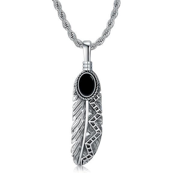 Bold Feather Pendant Necklace for Men - Symbol of Strength & Protection in Sterling Silver with Turquoise/Onyx