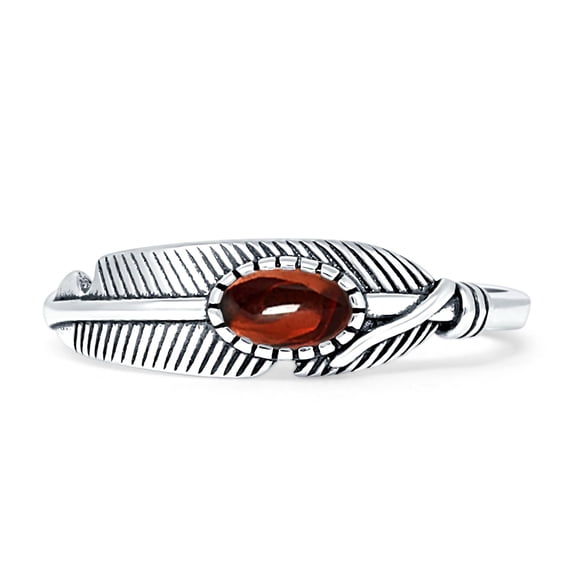 Feather Oxidized Oval shape Garnet CZ Rings 925 Sterling Silver Size 9