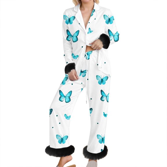 Feather Pajamas Set Women Valentine's Day Silk Satin 2 Piece Sleepwear Fur Trim Long Sleeve Shirts Pants Loungewear Pjs 2026